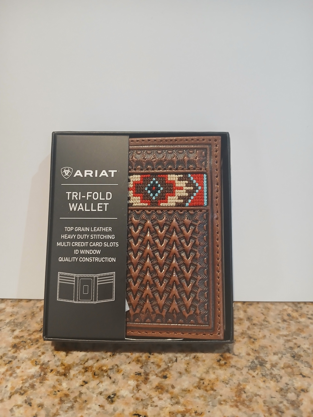 Ariat Brown Leather Tri-Fold Wallet with Southwestern Bead Accent